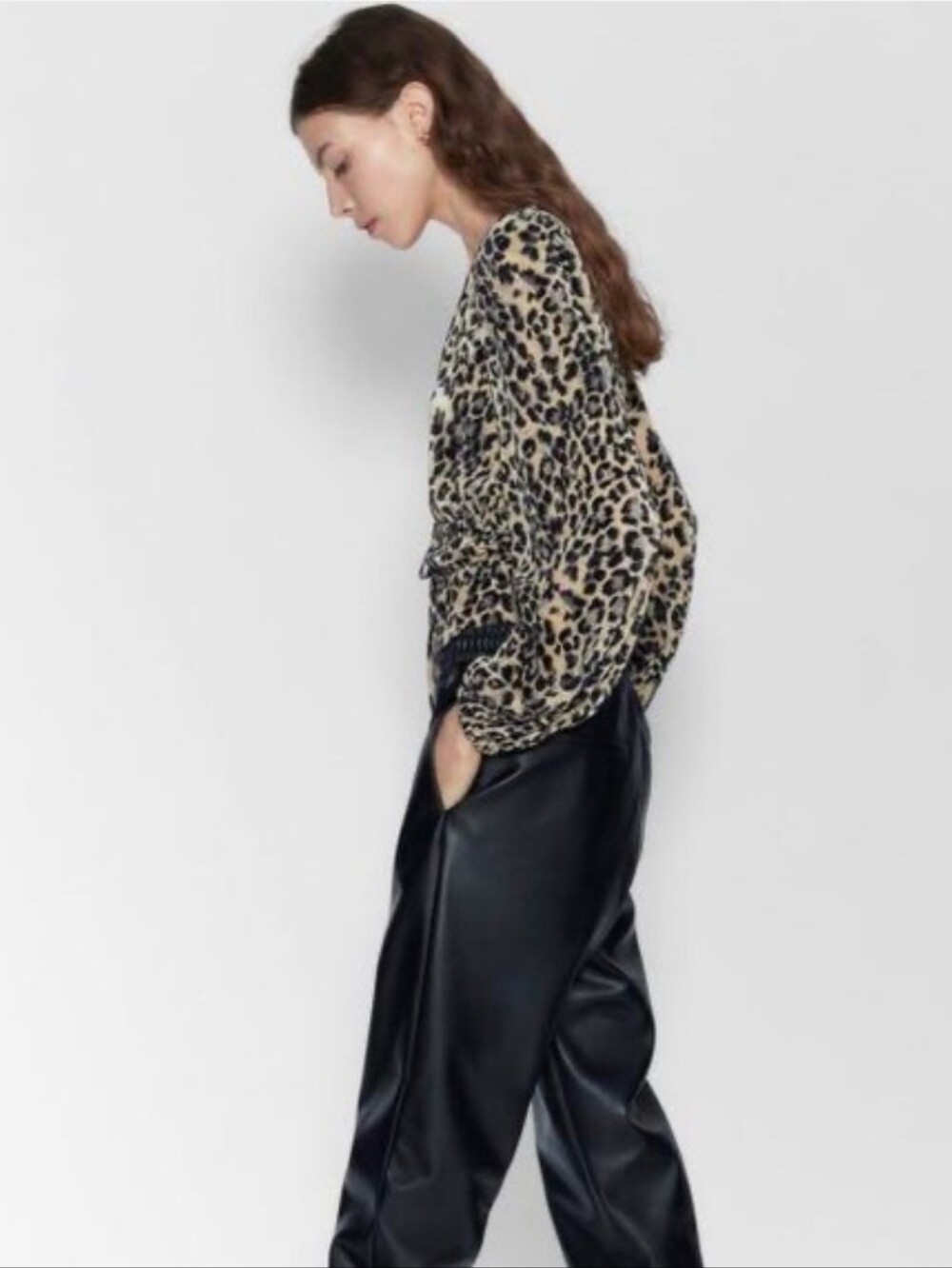 Zara Leopard Ribbed Ruched Top Blouse - Picture 4 of 10